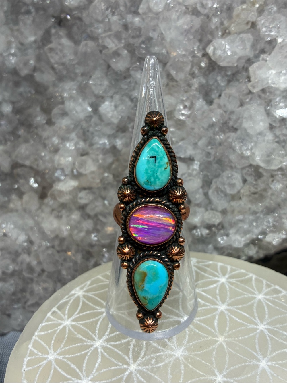 Turquoise and Aurora Opal Copper Statement Ring